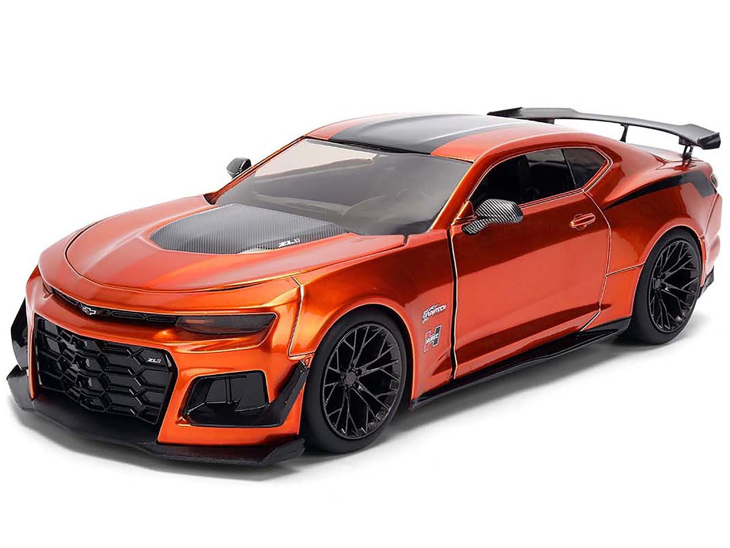 Orange sports car with black rims on a white background
