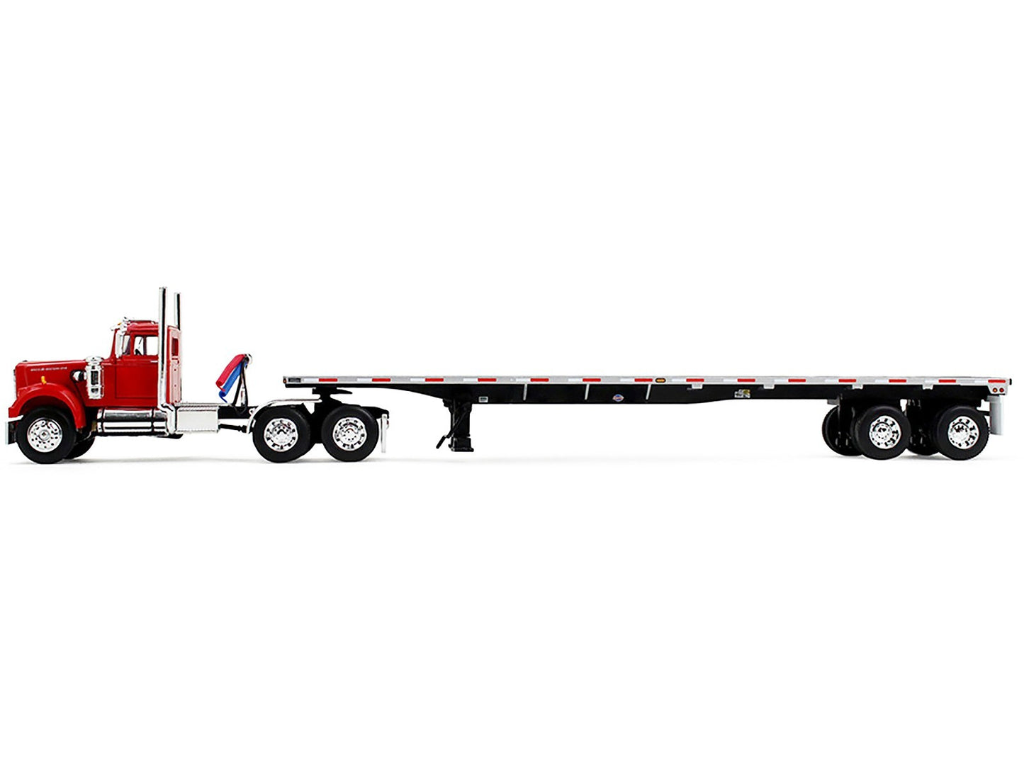 Red truck with a flatbed trailer on a white background