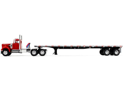 Red truck with a flatbed trailer on a white background