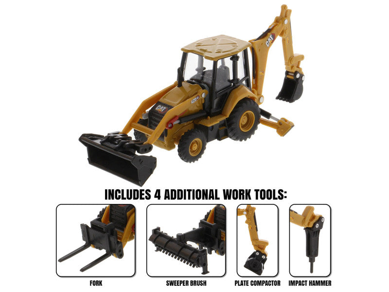 Toy backhoe with additional work tools on a white background