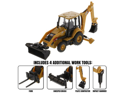 Toy backhoe with additional work tools on a white background
