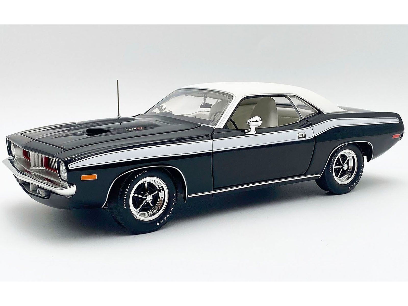 Classic black muscle car with white top on a gray background