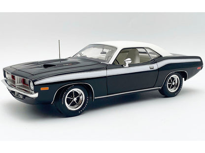 Classic black muscle car with white top on a gray background