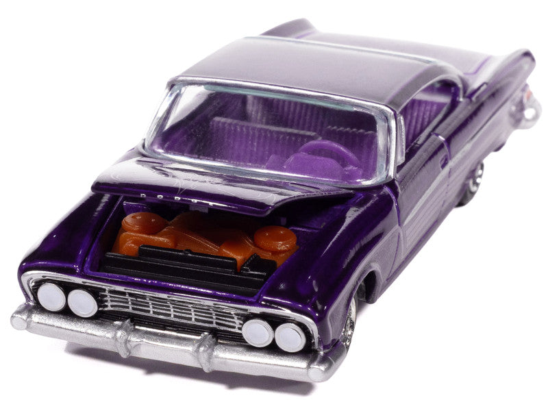 Model car with a purple body and silver roof on a white background