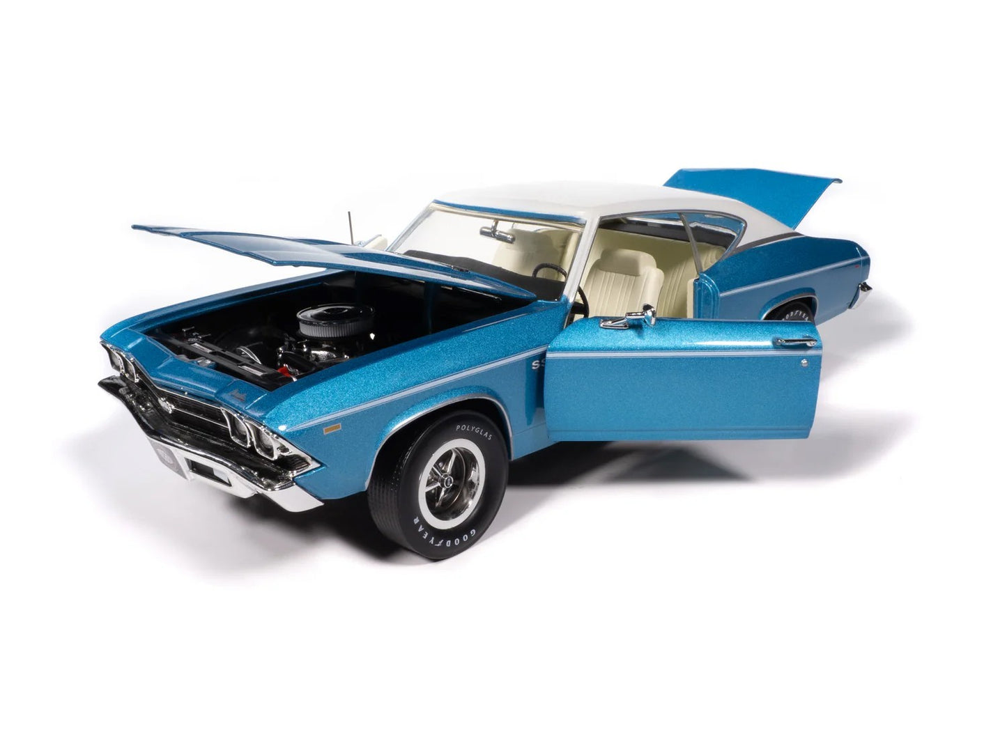 Blue classic car model with open door on a white background