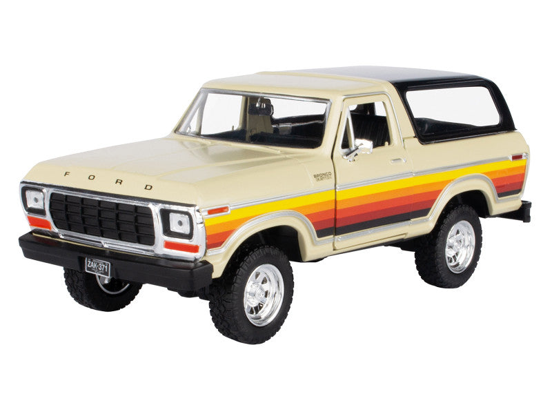 Model of a vintage Ford Bronco with a colorful stripe design on a white background