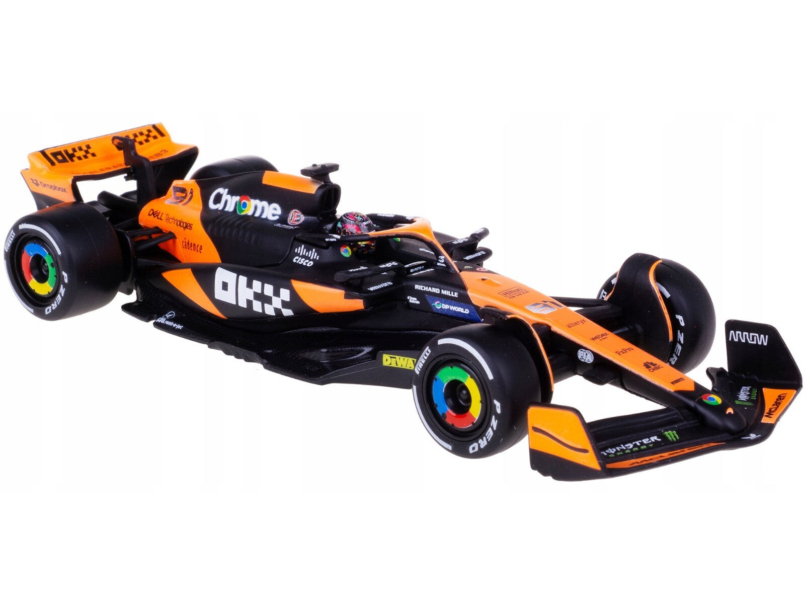 Model of a Formula 1 car with prominent branding on a white background