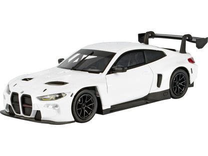 White sports car model with black details on a white background