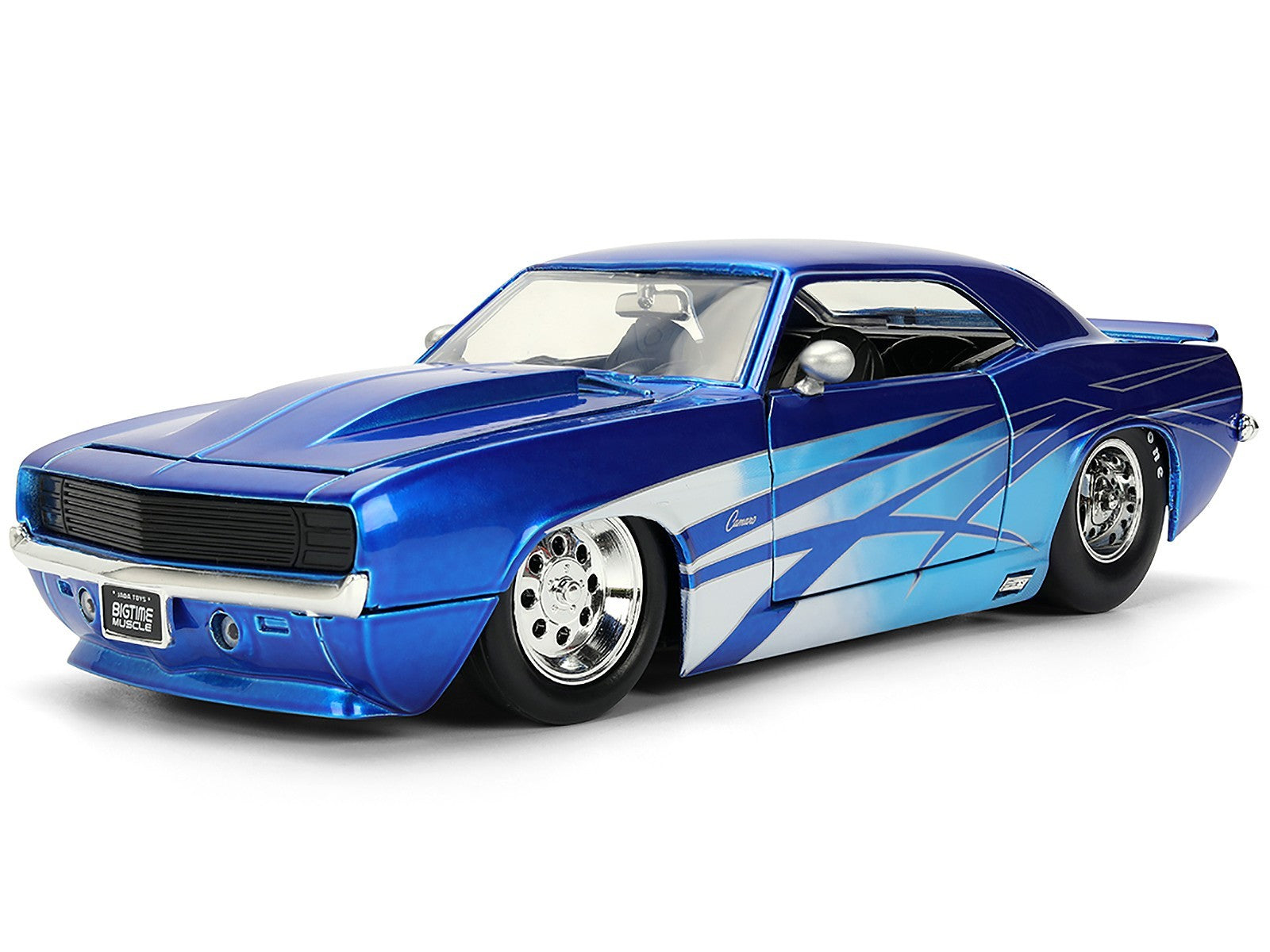 Blue and white muscle car model on a white background