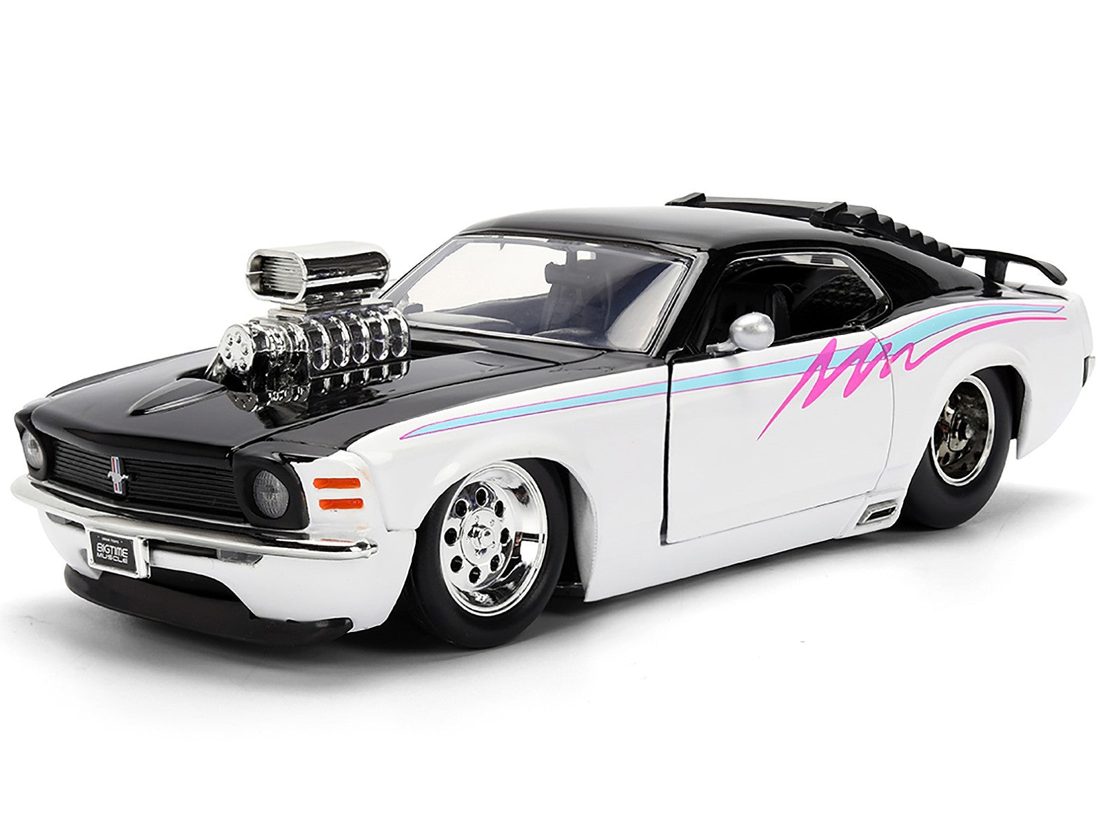 Model car with a large engine on a white background