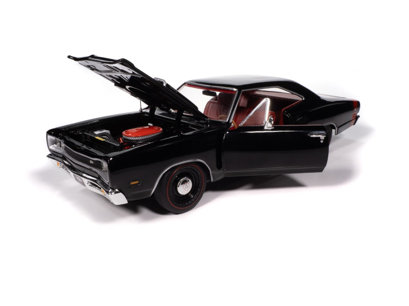 Black model car with open hood on a white background