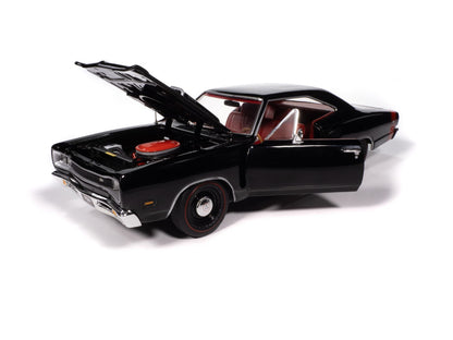 Black model car with open hood on a white background