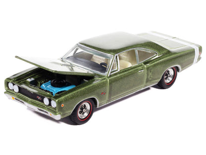 Model car in green and white on a white background