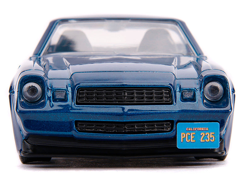 Blue model car with a California license plate on a white background