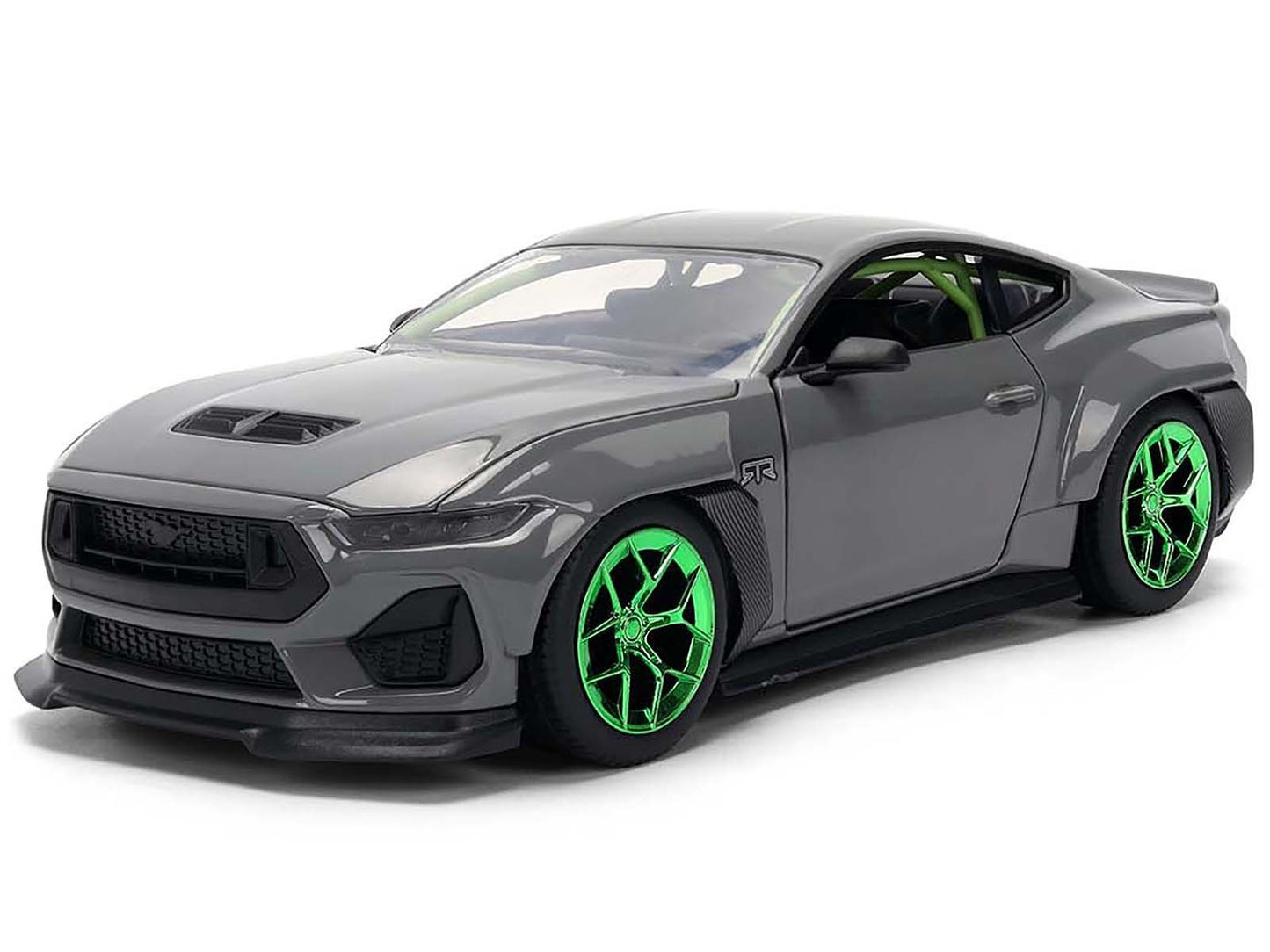 Gray sports car with green wheels on a white background