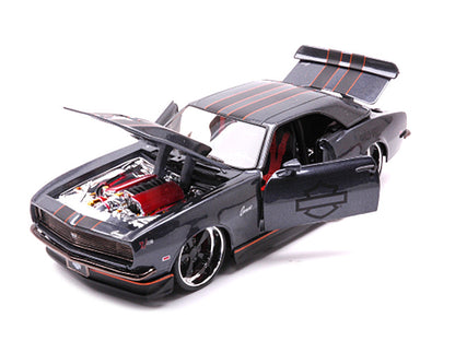 Model car with open hood on a white background