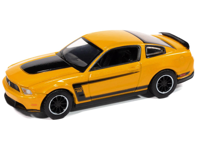 2012 Ford Mustang Boss 302 Yellow W/Black Accents 1/64 Diecast Model 64502-AWSP186A