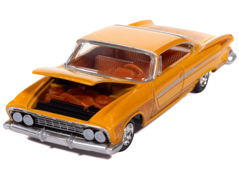 Model of a classic orange car with an open hood on a white background
