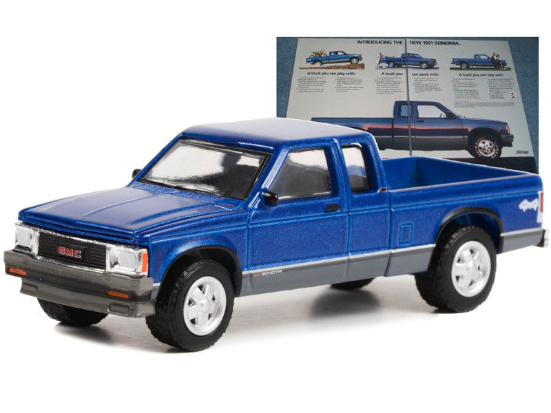 Blue model truck with a display background