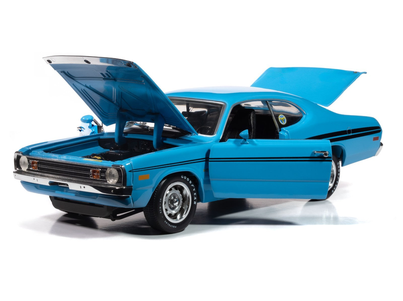 Blue classic car with open hood and doors on a white background