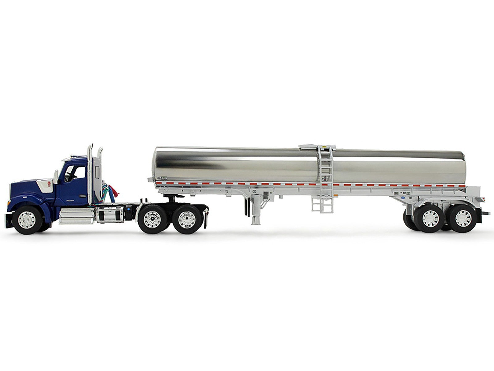Model of a blue truck with a silver tanker trailer on a white background