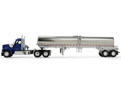Model of a blue truck with a silver tanker trailer on a white background