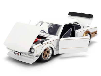 Model car with open door on a white background
