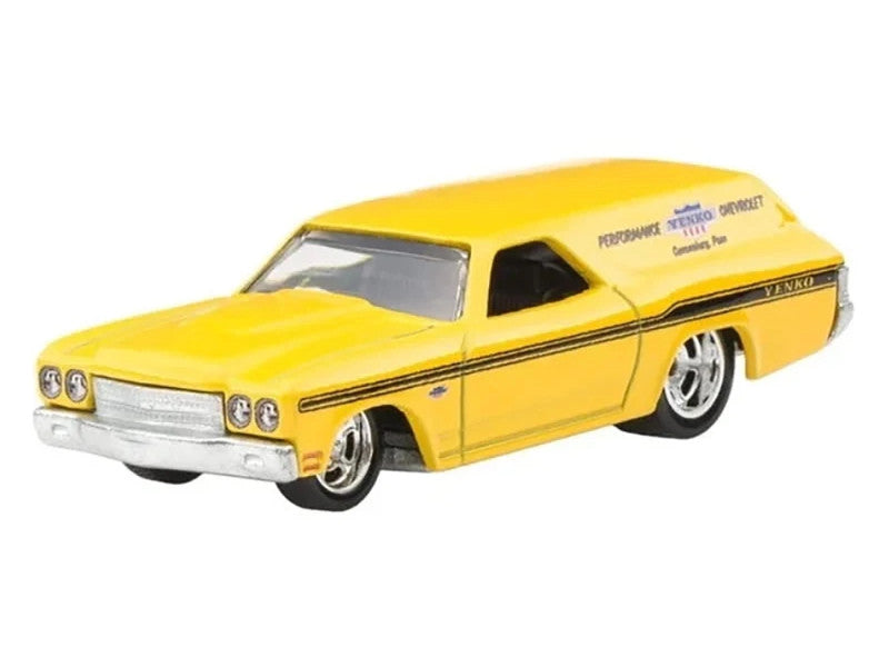 Yellow model car with black stripes on a white background