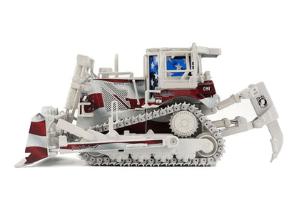 Model of a bulldozer with American flag design on a white background