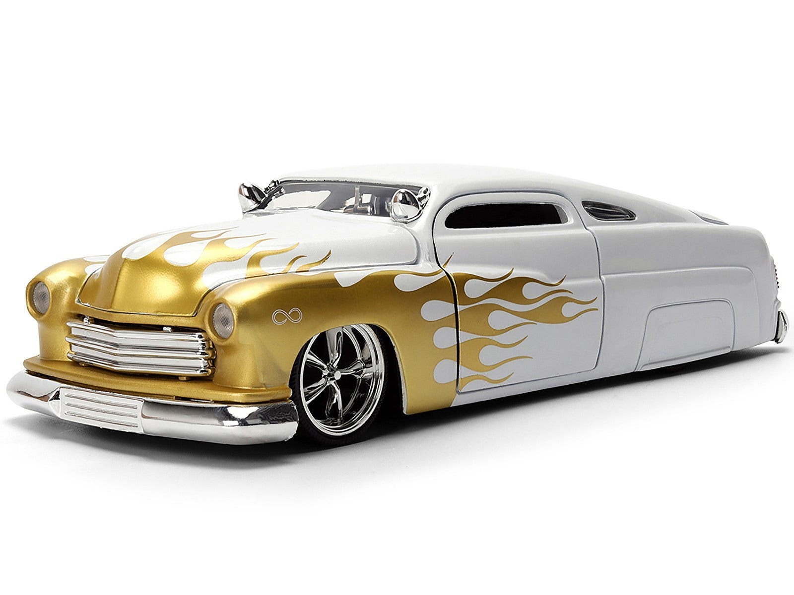 Customized car with gold and white design on a white background