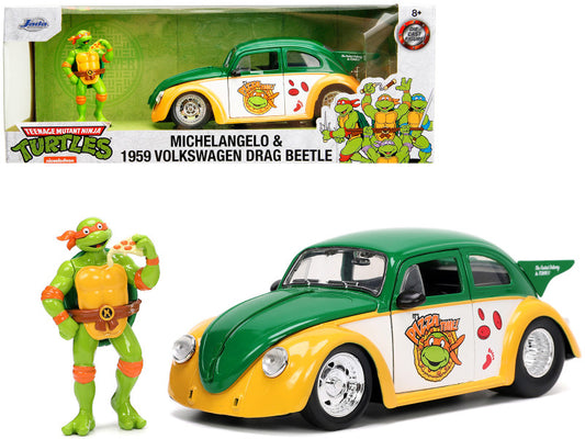 Diecast model of a 1959 Volkswagen Drag Beetle in green and yellow with a 'Michelangelo' character figurine from Teenage Mutant Ninja Turtles.