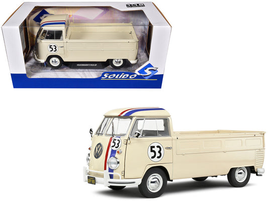 A 1/18 scale diecast model of a 1950 Volkswagen T1 Pickup Truck Racer in cream color with the number 53 and stripes, in its original packaging.