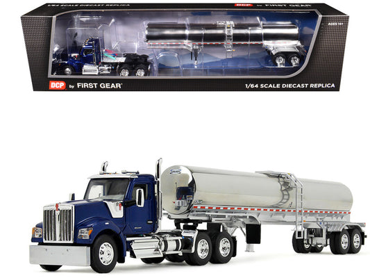 Model truck with a silver tanker trailer in front of its packaging