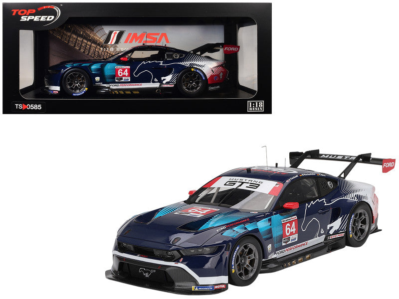 Model car with IMSA and Ford Mustang branding in a display case.