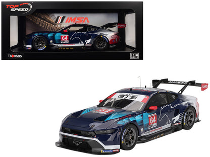 Model car with IMSA and Ford Mustang branding in a display case.
