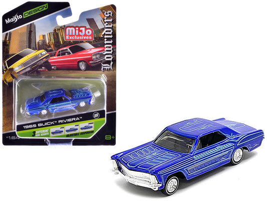 1965 Buick Riviera Candy Blue with Graphics Lowriders 1/64 Diecast Model Car 15494-23D