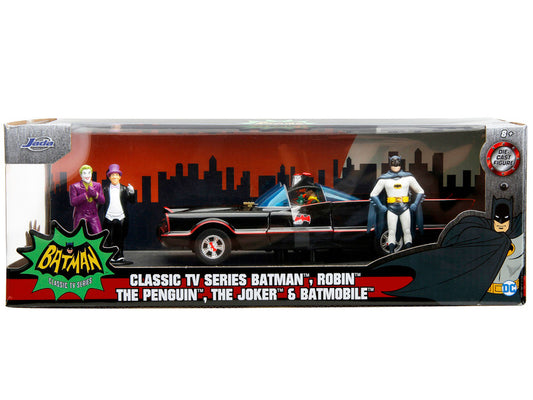 A 1/24 scale diecast model of the 1966 Classic Batmobile with figurines of Batman, The Joker, The Penguin, and Robin inside the car, packaged in a box with the product name and show branding visible.
