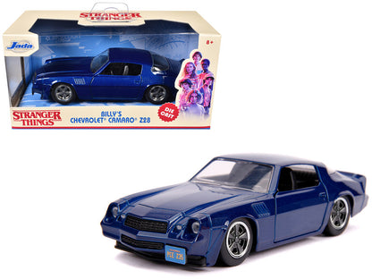 Blue model car of Billy's Chevrolet Camaro Z28 from 'Stranger Things' with packaging.