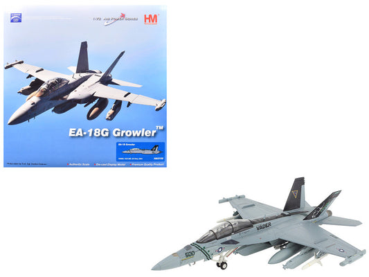 Model of EA-18G Growler with its packaging on a white background