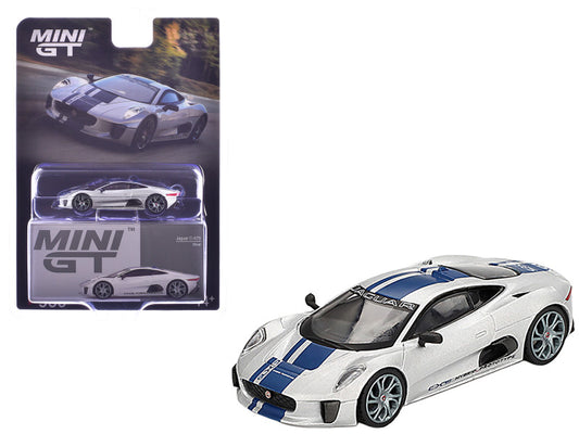 White and blue model car with packaging on a white background