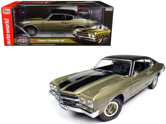 A 1/18 scale diecast model of a 1970 Chevrolet Chevelle SS in Tricentennial Gold with black stripes and a vinyl top, placed next to its packaging box.
