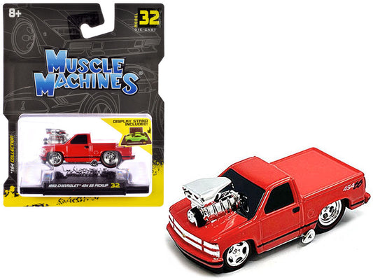A red 1993 Chevrolet 454 SS diecast model truck with working wheels, packaged in a blister pack with Muscle Machines branding.