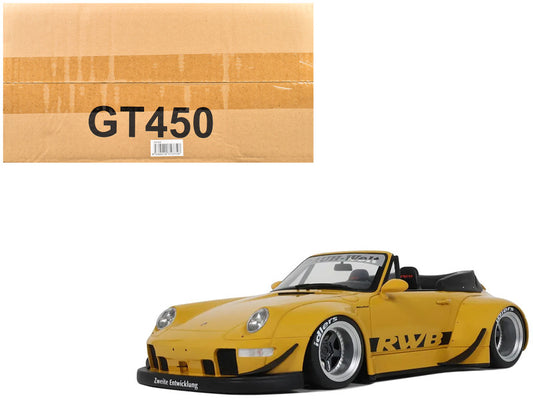 Yellow sports car with RWB branding next to a cardboard box labeled GT450 on a white background