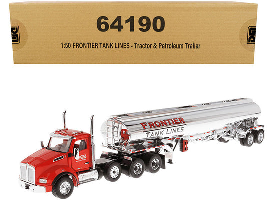 A 1/50 scale diecast model of a Kenworth T880 SBFA Day Cab Truck with a Frontier Tank Lines petroleum tanker trailer in red and chrome, displayed alongside its original box.