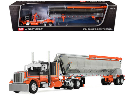 Model truck with orange and black color scheme in front of its packaging