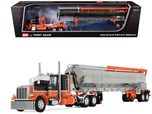 Model truck with orange and black color scheme in front of its packaging