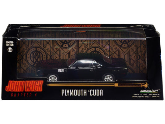 A 1/43 scale diecast model of a 1971 Plymouth Barracuda Black from the John Wick 4 movie series, packaged in a box with 'Hollywood' series branding.