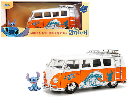 A 1/24 scale diecast model of a 1961 Volkswagen Bus in white and orange with a 'Catching Waves' design and a figurine of Stitch from Disney's Lilo & Stitch placed beside it.