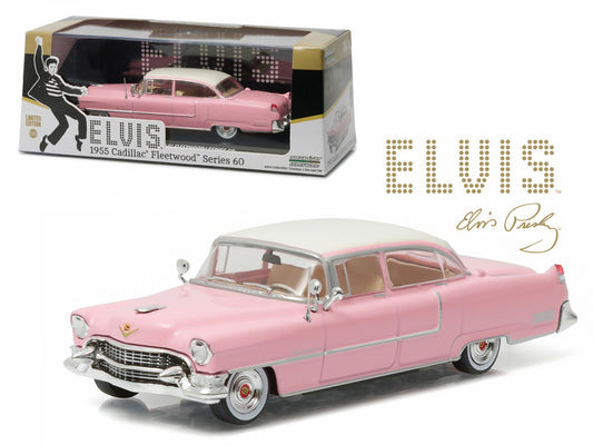 A 1/43 scale die cast model of a 1955 Pink Cadillac Fleetwood Series 60 with Elvis Presley branding, packaged in a box and displayed on a stand.