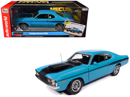 Blue Dodge Demon GTS model car with packaging on a white background